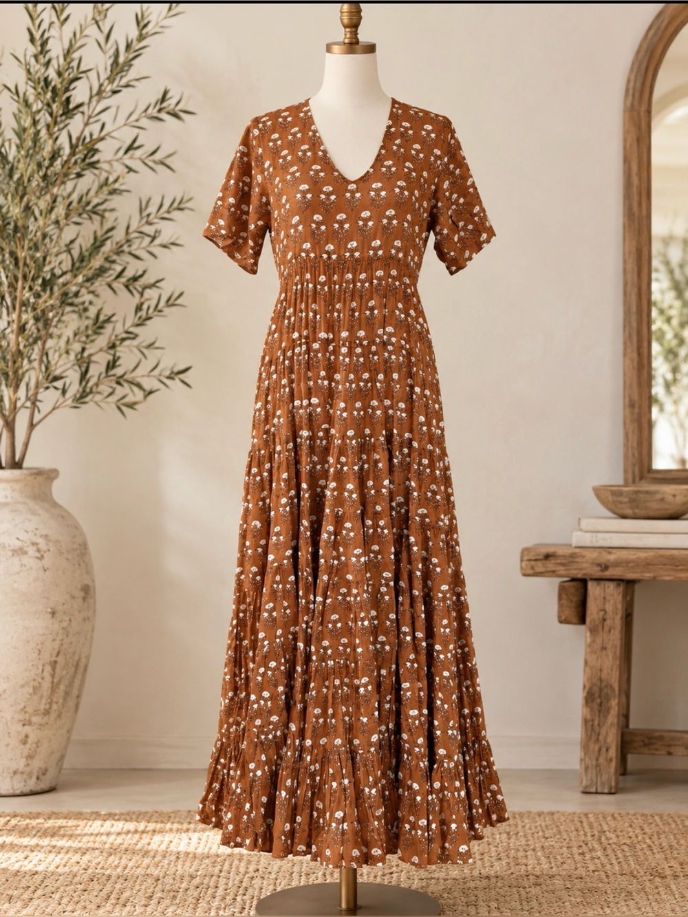 Daughters of India Rust Brown Floral Tiered Maxi Dress